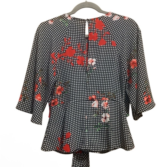 Express Black and White Checkered Blouse with a Floral Accent - Women’s Medium - Picture 2 of 10